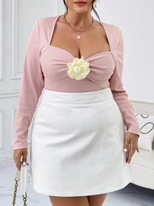 SHEIN Privé 大碼女士長袖t恤,3d花裝飾 - 粉色 - 查看 4