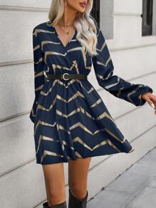 SHEIN LUNE 女千鳥格印花燈籠袖連身裙 - 藏蓝色 - 查看 5