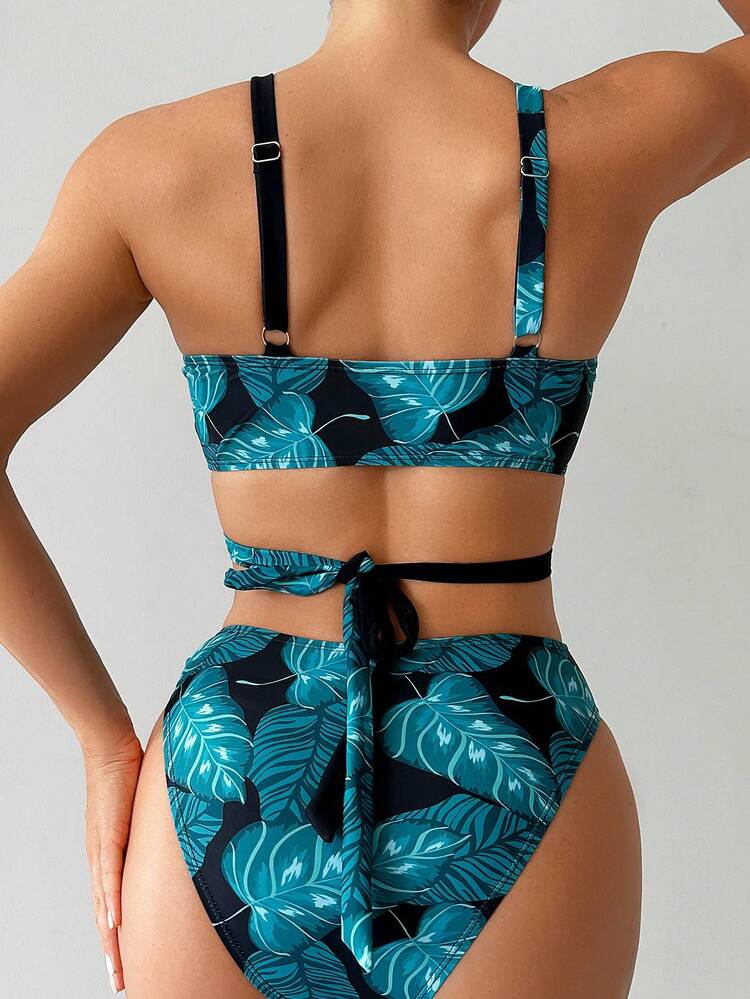 Women's Tropical Plant Print Bikini Set Summer Beach