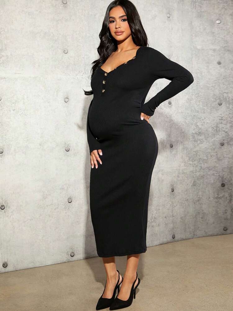 Maternity Long Sleeve Ribbed Knit Dress