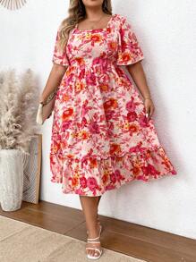 SHEIN CURVE+ Vestido Romántico De Talla Grande Para Las Vacaciones Con Diseño Floral Y Dobladillo De Volantes - Rosa - Ver 3