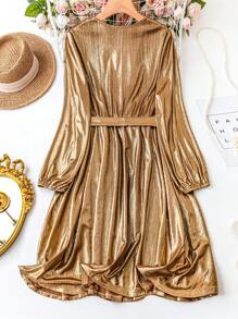 Celure Plus Size Wrap Neckline Long Sleeve Belted Metallic Dress - Gold - View 2
