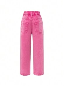 SHEIN Explorewe Nhỏ bé Cô gái Chân thẳng Giải trí Quần jean Distressed - Màu Hồng Tươi - Xem 2