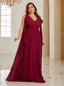 SHEIN Belle 大尺碼荷葉邊v領伴娘禮服 - 酒紅色 - 查看 6