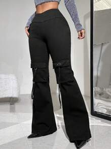 SHEIN ICON Y2k Style Black Women'S Casual Low-Waist Slim Fit Flared Jeans With Side Zipper - Black - View 4