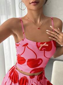 蝴蝶結裝飾櫻桃印花睡衣上衣 - 西瓜粉 - 查看 3