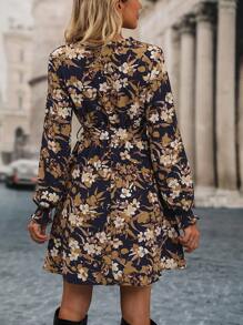 SHEIN Clasi Floral Print Overlap Collar Bishop Sleeve Belted Dress Fall Cloth For Women