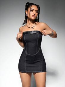 SHEIN EZwear Strapless Denim Dress With Belt For Slim Fit