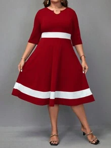 SHEIN Clasi 大尺碼拼色缺角領口緊身連身裙 - 紅白色 - 查看 3