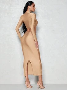 SHEIN BAE Stand Collar Long Sleeve Cropped Top And Skirt 2pcs/Set - Apricot - View 6