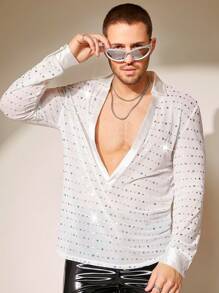 FeverCity Men'S See-Through Long Sleeve Shirt With Glitter Sequins Decoration - White - View 6