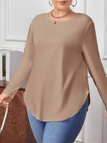 SHEIN LUNE Women's Plus Size Round Neck Long Sleeve Casual Striped T-Shirt, Fall Women Clothes - Apricot - View 3