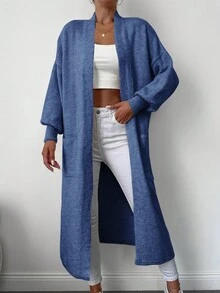 EURMUSE Dual Pocket Drop Shoulder Open Front Cardigan - Dusty Blue - View 3