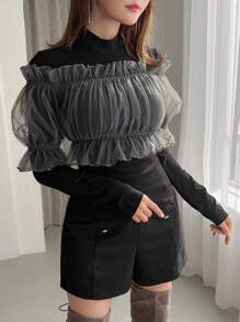 FRIFUL Women's Contrast Mesh Ruffle Hem 2 In 1 T-Shirt Long Sleeve Women Tops - Black - View 7