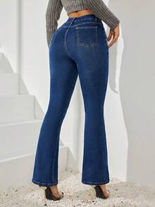 女款扣細節喇叭牛仔褲 - 藍色 - 查看 2