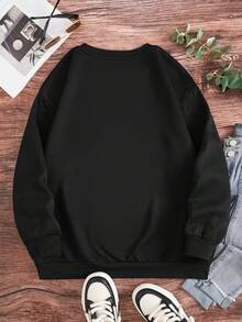 SHEIN LUNE Kích thước lớn In Vòng cổ Giải trí Áo nỉ - màu đen - Xem 2