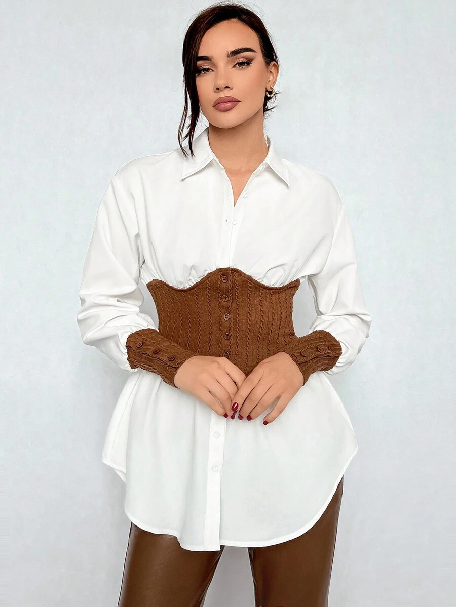 SHEIN Privé 拼色腰部束帶長袖女襯衫 - 白色 - 查看 1