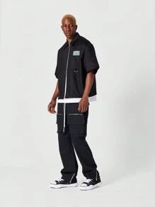 SUMWON Áo sơ mi Boxy Fit có khóa kéo thêu ở lưng - màu đen - Xem 4
