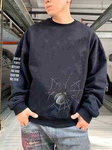 Manfinity EMRG Hombres talla grande 1 pieza Pullover con slogan & con estampado de telaraña