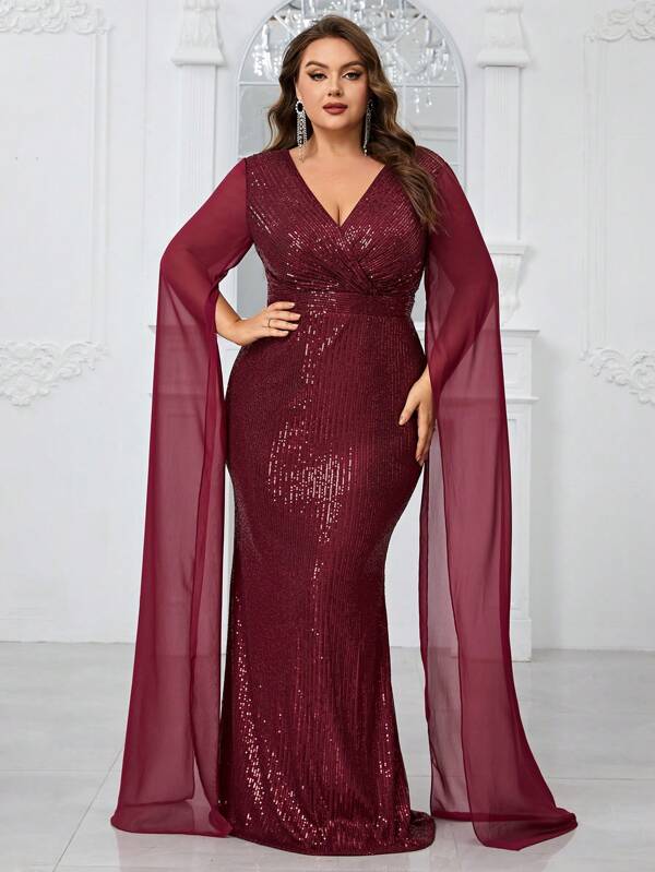 YISIKADO Plus Size V Neck Sequin Prom Dress Chiffon Long Sleeves Elegant Party Women Dress Long Dress Evening Gown Wedding Guest Dinner