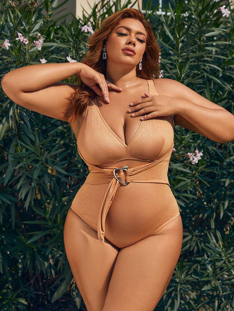 Summer Plus Size Solid Color One-Piece Swimsuit With Circular Accents