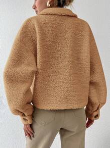 EURMUSE Teddy Jacket With Flap Detail And Drop Shoulder Sleeves - Brown - View 2