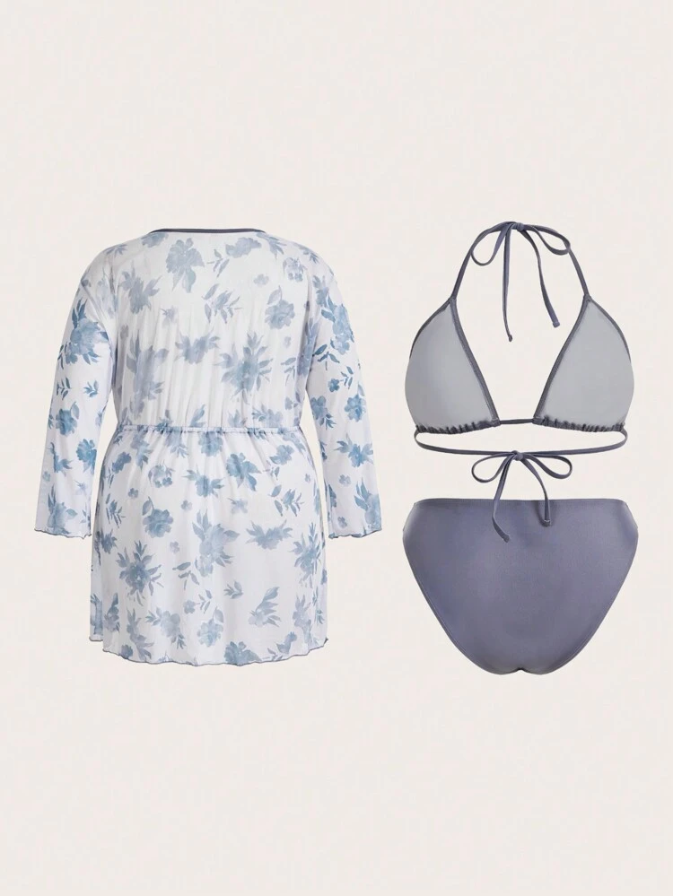 Summer Plus Size 3Pcs Flower & Leaf Pattern Swimwear Set 3 Pieces Swimwear