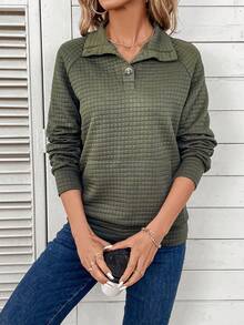 SHEIN LUNE Solid Color Raglan Sleeve Sweatshirt - Army Green - View 4