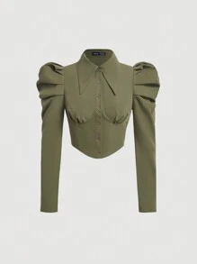 SHEIN MOD 純色泡泡袖襯衫 - 軍綠色 - 查看 1