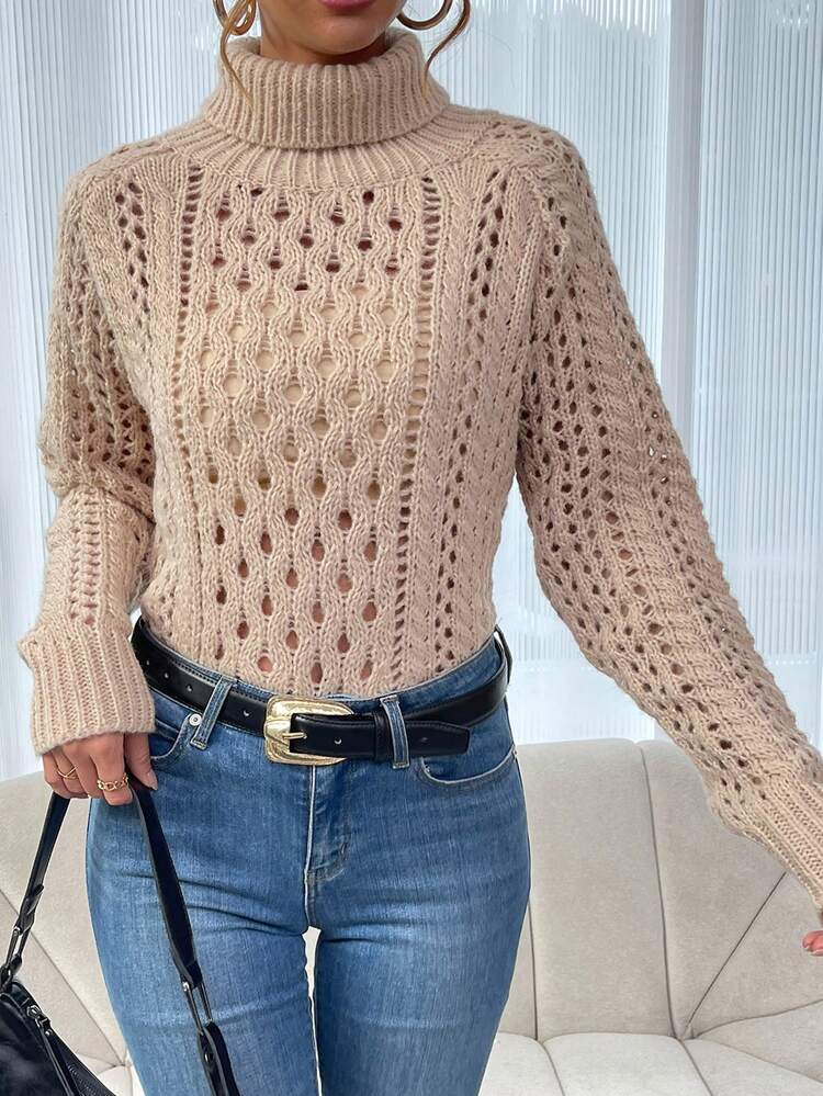 Hollow Out Knit Turtleneck Pullover Knit Pullover Fall Winter Sweater