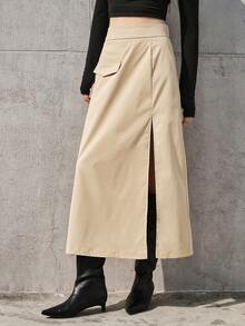 BizChic 女用翻蓋裝飾高開叉半身裙 - 卡其色 - 查看 6