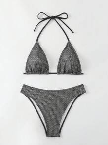 SHEIN Swim Conjunto de bikini con cuello halter de copa triangular con estampado total, estilo vacacional festival de música verano playa - Negro - Ver 7