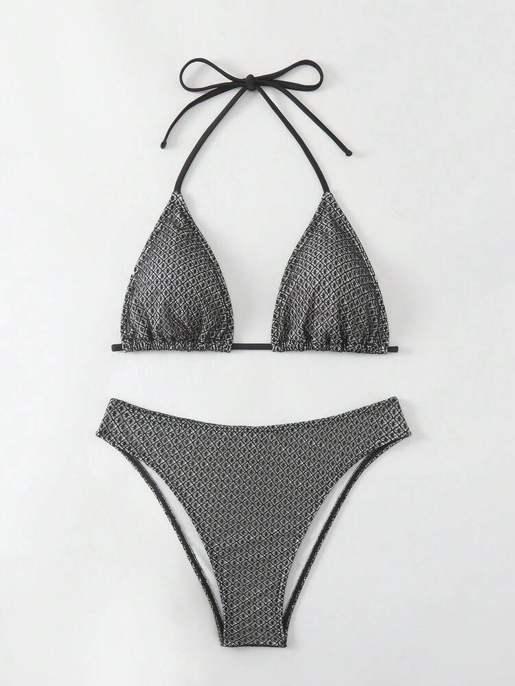 All Over Print Triangle Cup Halter Neck Bikini Set, Holiday Style Music Festival Summer Beach