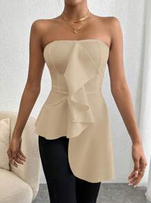 SHEIN Privé Top Sin Tirantes Con Ribete De Volantes Y Dobladillo Asimétrico - Albaricoque - Ver 6