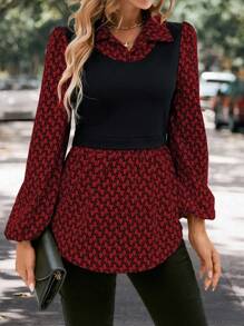 SHEIN LUNE 幾何圖案燈籠袖2合1上衣 - 酒紅色 - 查看 5
