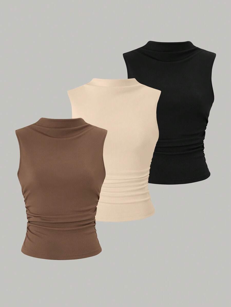 SHEIN LUNE 3入組肋紋針織背心，立領上衣 - 彩色 - 查看 1