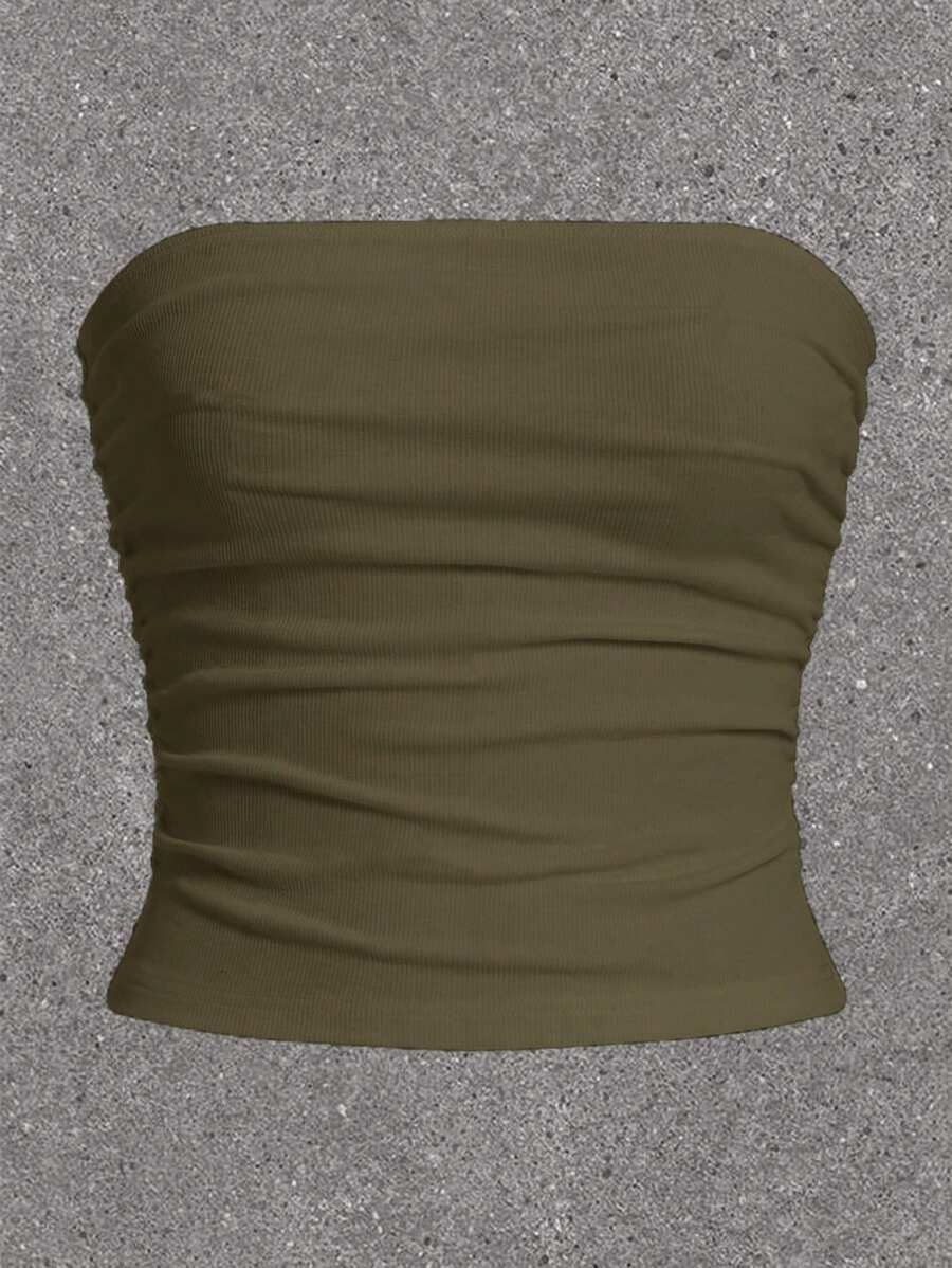 SHEIN EZwear 女款百褶無肩帶上衣 - 軍綠色 - 查看 1