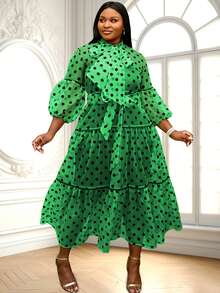 Hơn In vết tròn Polka Tay áo lồng đèn Xù Hoa Sen Váy có thắt lưng - màu xanh lá - Xem 6