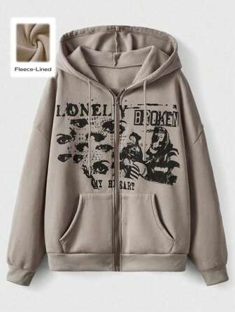 Grunge Punk Letter Graphic Zip Up Drop Shoulder Drawstring Thermal Lined Hoodie