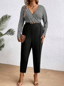 Celure 拼接千鳥格紋長袖連身褲 - 黑色 - 查看 1