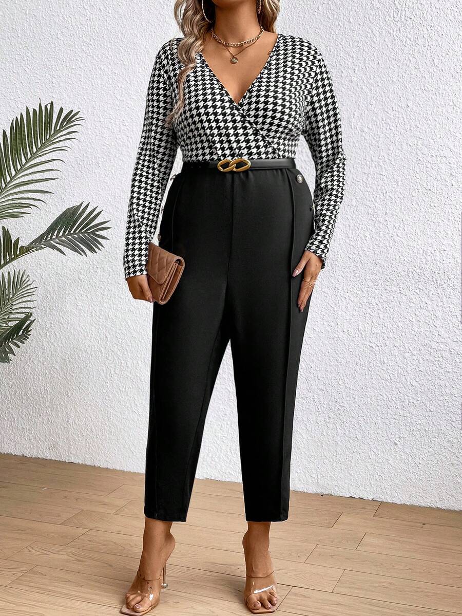Celure 拼接千鳥格紋長袖連身褲 - 黑色 - 查看 1
