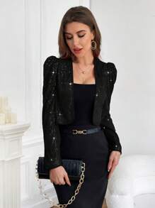 SHEIN Privé Sparkling Open Front Puff Sleeve Jacket In Fall/Winter - Black - View 3