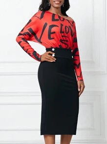 SHEIN Lady Damen Langarm Bodysuit mit asymmetrischem Kragen und Buchstaben Muster