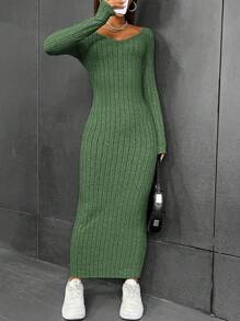 SHEIN LUNE Women'S Ribbed Knitted Long Sleeve Dress - Olive Green - View 3