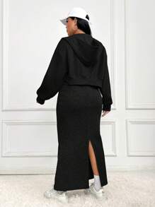 SHEIN EZwear Conjunto De Dos Piezas Para Mujer Con Sudadera Con Capucha Y Cremallera Y Falda De Cola De Pez En Talla Grande