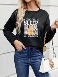 SHEIN LUNE 女標語貓印花落肩套頭衫 - 黑色 - 查看 4