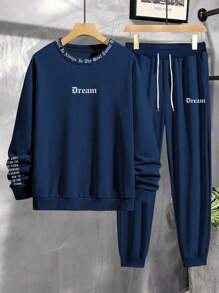 Manfinity Homme Men's Letter Printed Sweatshirt And Sweatpants Casual Two-Piece Set, Men Tracksuit Sets, Men 2 Piece Set Sweats, 2 Piece Set Men Street - Navy Blue - View 4