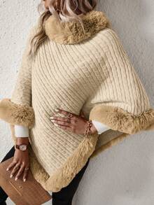 SHEIN Clasi 毛茸茸蝙蝠袖毛衣帶拼接 - 卡其色 - 查看 5