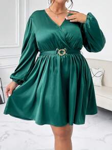 SHEIN Privé 大碼暗綠色v領連身裙 - 墨綠色 - 查看 5