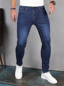 EGENSIO Jeans ajustados de algodón para hombre con diseño de bigote de gato, jeans azul oscuro de corte slim fit de lavado oscuro, jeans cargo lavados, para regalos de esposo o novio - Azul lavado oscuro - Ver 7